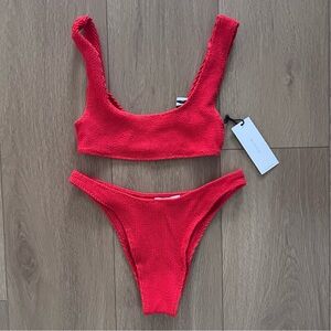 Red Textured Scoop Bikini Set - Women